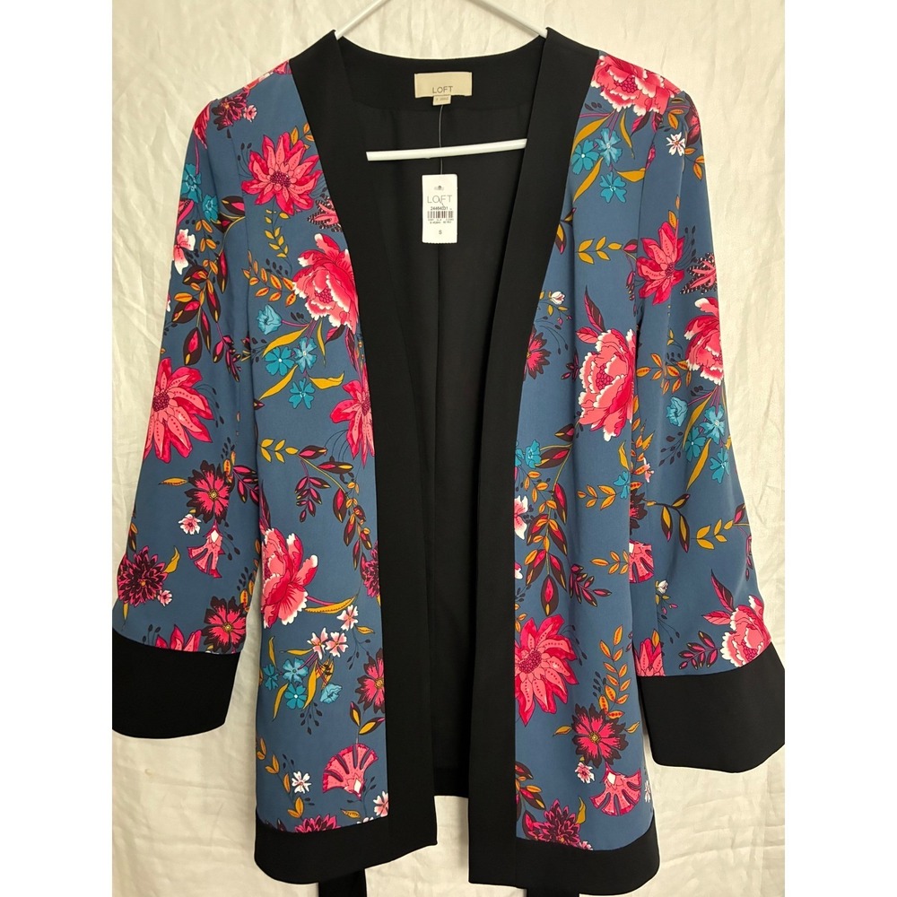 Loft Floral Kimono Wrap Jacket Womens Small Blue Pink Open Front Belted NWT - Picture 1 of 7